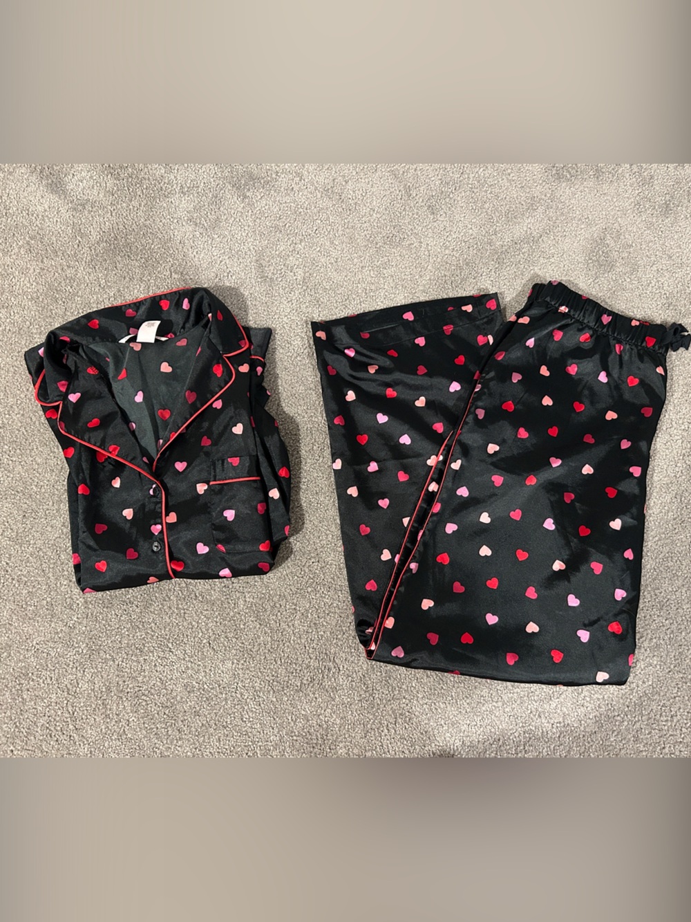Victoria's Secret Black Satin Pajama Set with Red & Pink Heart Print